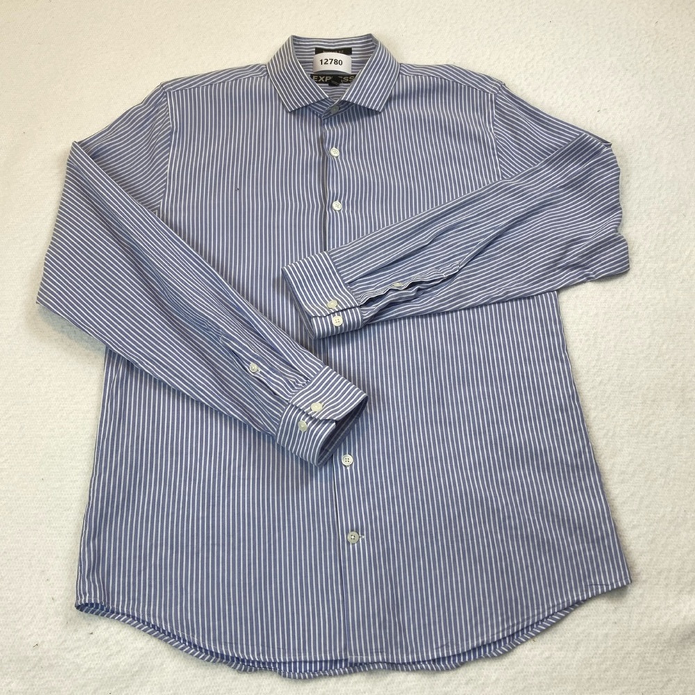 Express Modern Fit Long Sleeve Button Down Men's Shirt Blue Stripped Size Medium